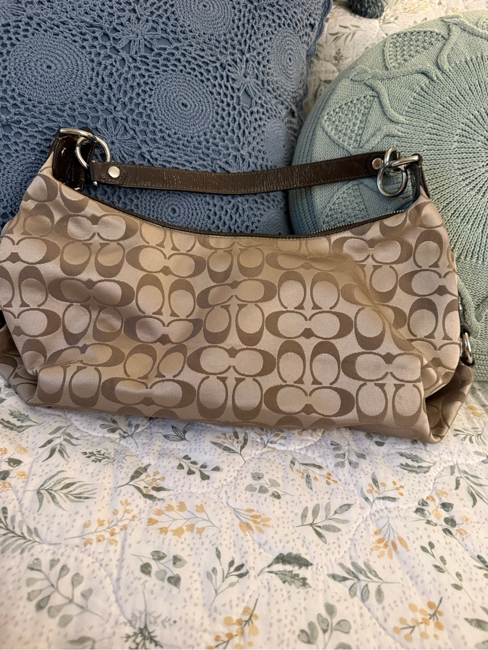 Coach Tan Signature Canvas Shoulder Bag with Dark Brown Leather Trim - Picture 4 of 8